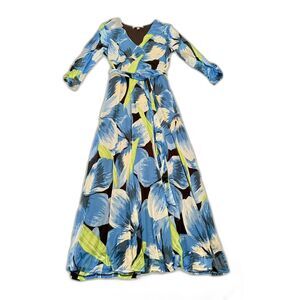 Harlow & Rose Blue Green Black Floral Tie Waist Faux Wrap Maxi Dress